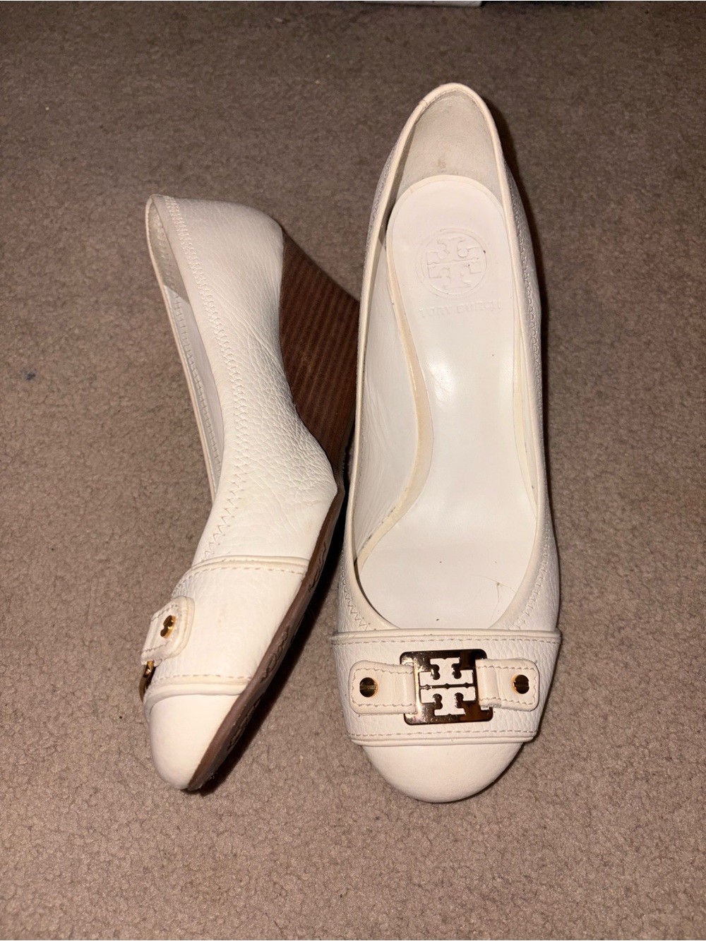 Tory Burch White Leather Logo Wedge Pumps